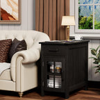 Farmhouse End Table with Charging Station, Narrow Side Table for Living Room, Sofa Side Table with Drawer and Storage Cabinet, Small Nightstand for Bedroom, Home Office