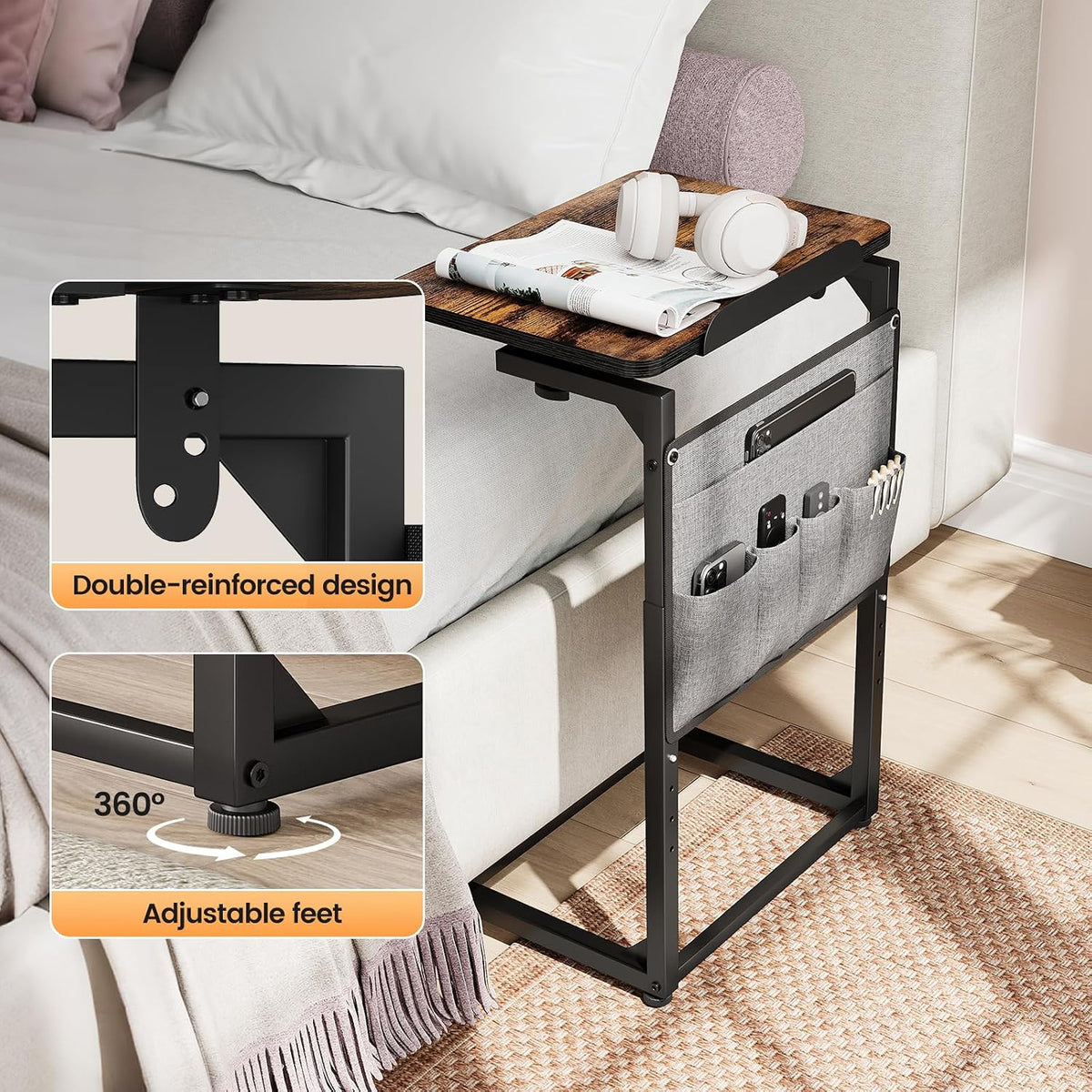ELYKEN TV Tray Table Sets, Adjustable Height & 90° Tilt Narrow Side Table | C Shaped Foldable End Table with Phone & Tablet Slot, Laptop Desk for Couch, Recliner, Living Room, Bedroom