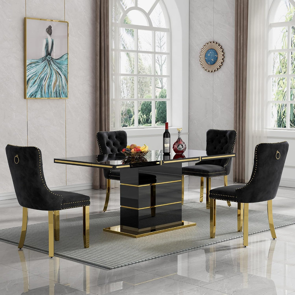 Henf 70" Black Dining Table for 4 6, Modern Glossy Kitchen Table with 1.5" Thick Lacquered Tabletop and Gold Stainless Steel Trim, Luxury Rectangular Dinner Tables for Dining Room