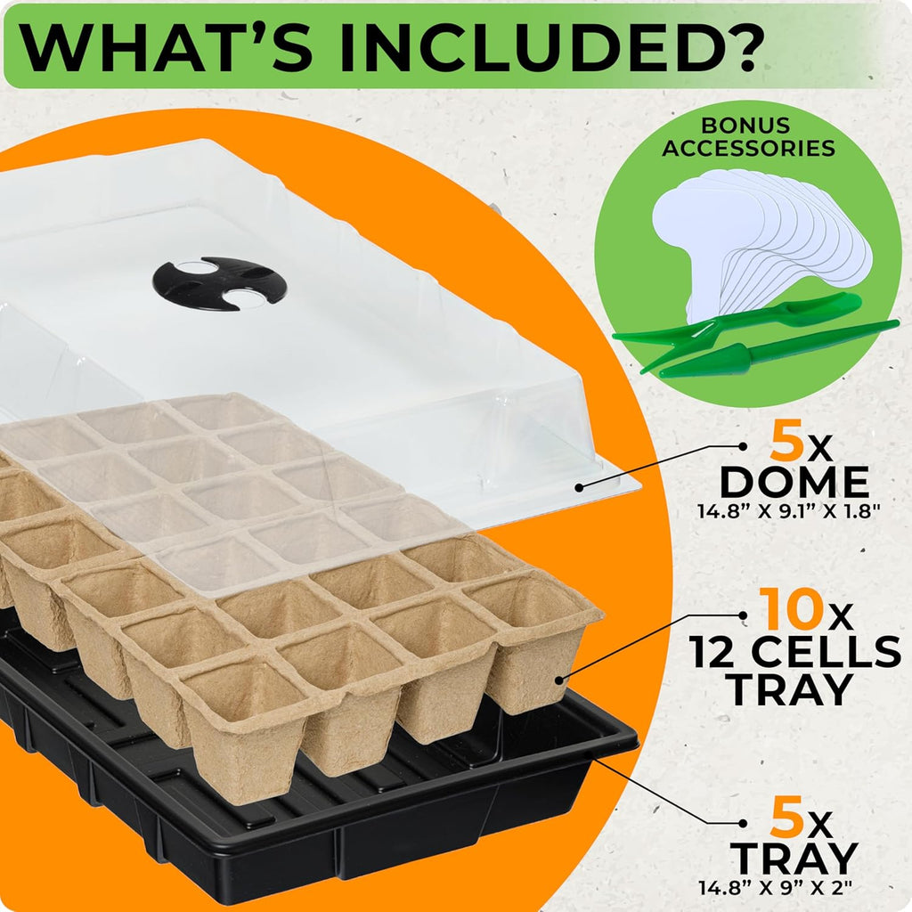 CARPATHEN Seed Starter Tray Kit - 5 x Strong Seed Starting Trays with Humidity Dome (120 Cells Total), Labels and Tools - Seedling Starter Trays Plant Germination Trays - Mini Greenhouse Cloning Kit