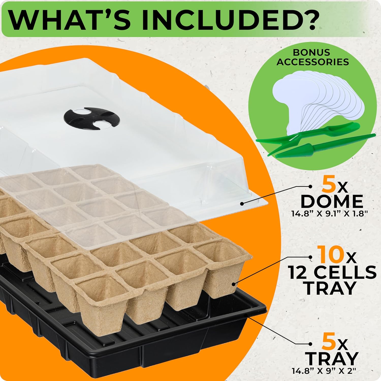 CARPATHEN Seed Starter Tray Kit - 5 x Strong Seed Starting Trays with Humidity Dome (120 Cells Total), Labels and Tools - Seedling Starter Trays Plant Germination Trays - Mini Greenhouse Cloning Kit