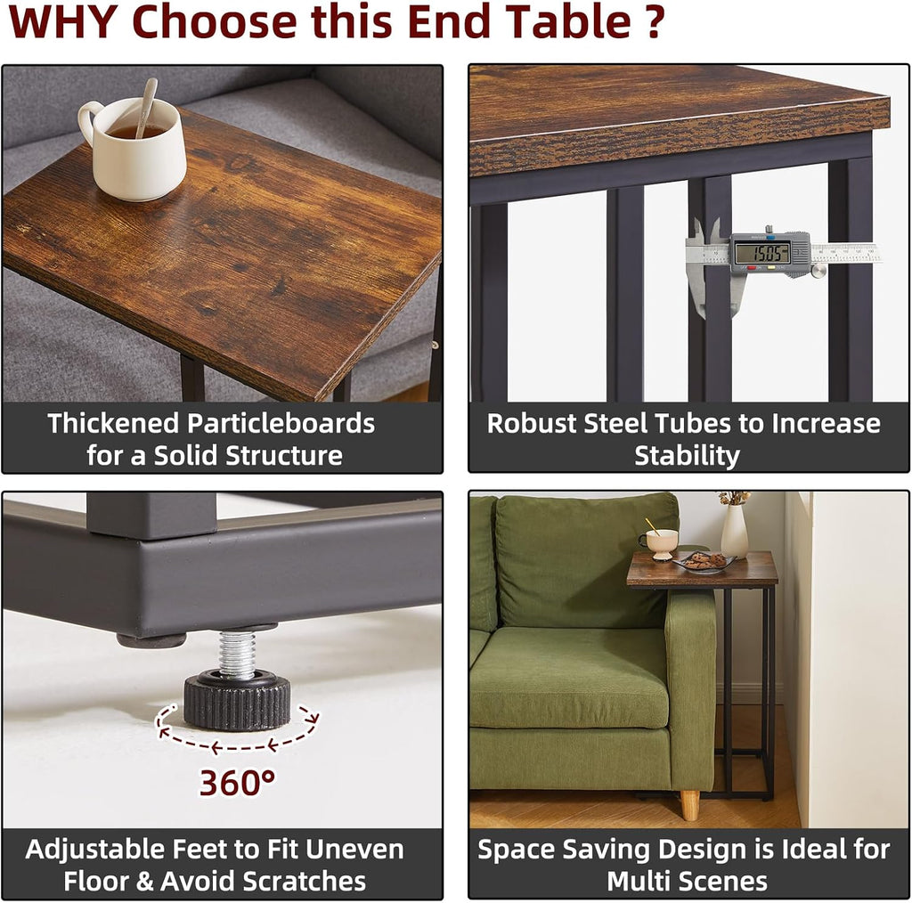 Aibiju Side Table Small End Table C Shaped, Slide Under Laptop Desk for Couch, Living Room Side Table, TV Trays for Eating on Couch, Rustic Brown+Black YD-TM051HB-2