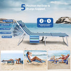 3-in-1 Beach Chair Face Holes, Lounge Chair Outdoor with Folding Side Table, 5-Position Recliner, Lay Flat, Removable Pillow, Heavy Duty, Max 330lbs, Poolside, Patio, Camping, Backyard Striped Blue