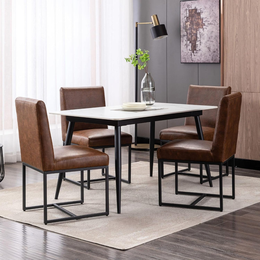 BESTANO Modern Dining Chairs Set of 4, Brown PU Leather Upholstered Kitchen & Dining Room Chairs with Black Metal Frame Armless Mid Century Side Kitchen Chair Sillas De Comedor