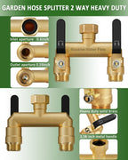 Hose Splitter 2 Way Heavy Duty, Full Flow Garden Hose Splitter with 2 Long Metal Handles, Brass Rust and Freeze Resistant Water Hose Bib Splitter, T Adapter Connector with 3/4 - Inch GHT Thread（Black）