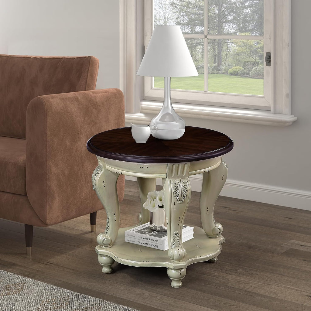 P PURLOVE 22'' Two Tone Round End Table with Shelf for Living Room, Solid Wood Frame, Easy Assemble (Beige and Espresso)