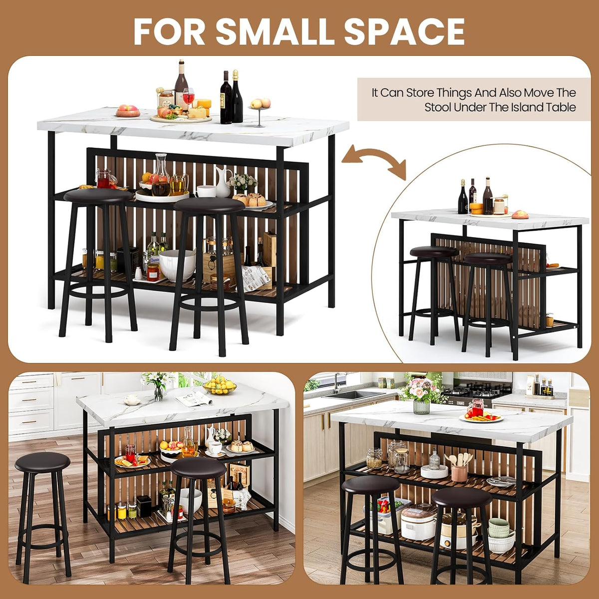 DKLGG Kitchen Island with Stools & Storage, Modern Dining Table Set for 2, 3 Piece Kitchen & Dining Room Sets Island Table for Small Space, Apartment, Home Bar, White