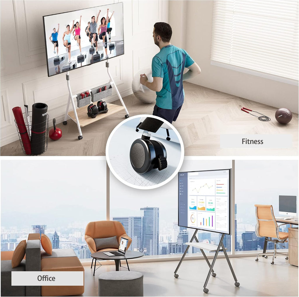 FITUEYES Mobile TV Stand for 55-78 Inch TVs with Wooden Storage Shelf, White