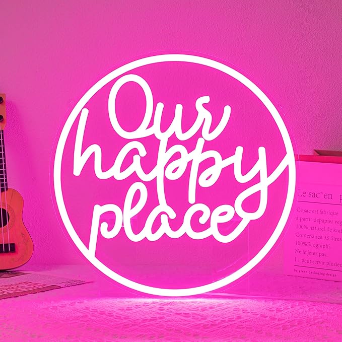 "Our happy place" Neon Sign Happy Place Neon Light for Wall Decor Letter Neon Signs Pink LED Neon Sign Round LED Neon Light for Bedroom Bar Party Birthday Club Decor