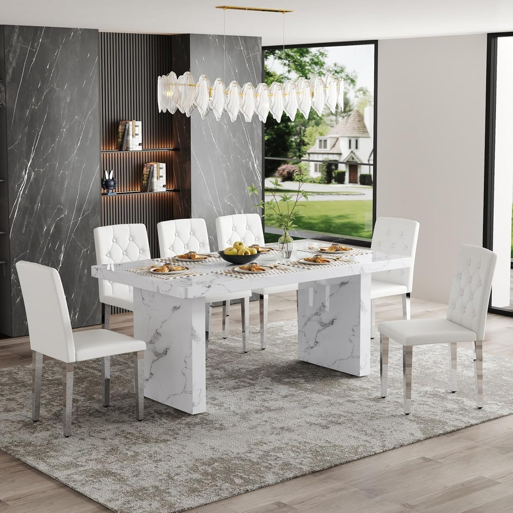 63" Dining Table Set for 6, White Faux Marble Dining Room Table and 6 PU Leather Chairs with Silver Metal Legs, Easy Assembly Kitchen Dining Set for Home, Apartment