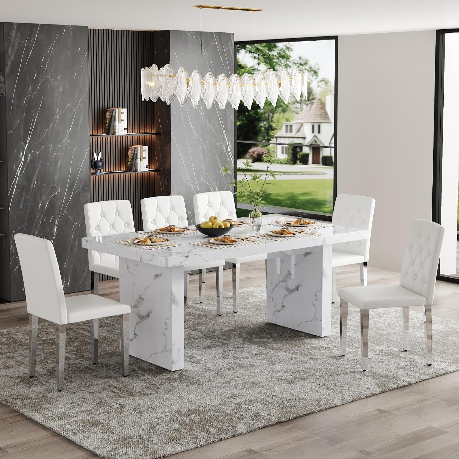 63" Dining Table Set for 6, White Faux Marble Dining Room Table and 6 PU Leather Chairs with Silver Metal Legs, Easy Assembly Kitchen Dining Set for Home, Apartment