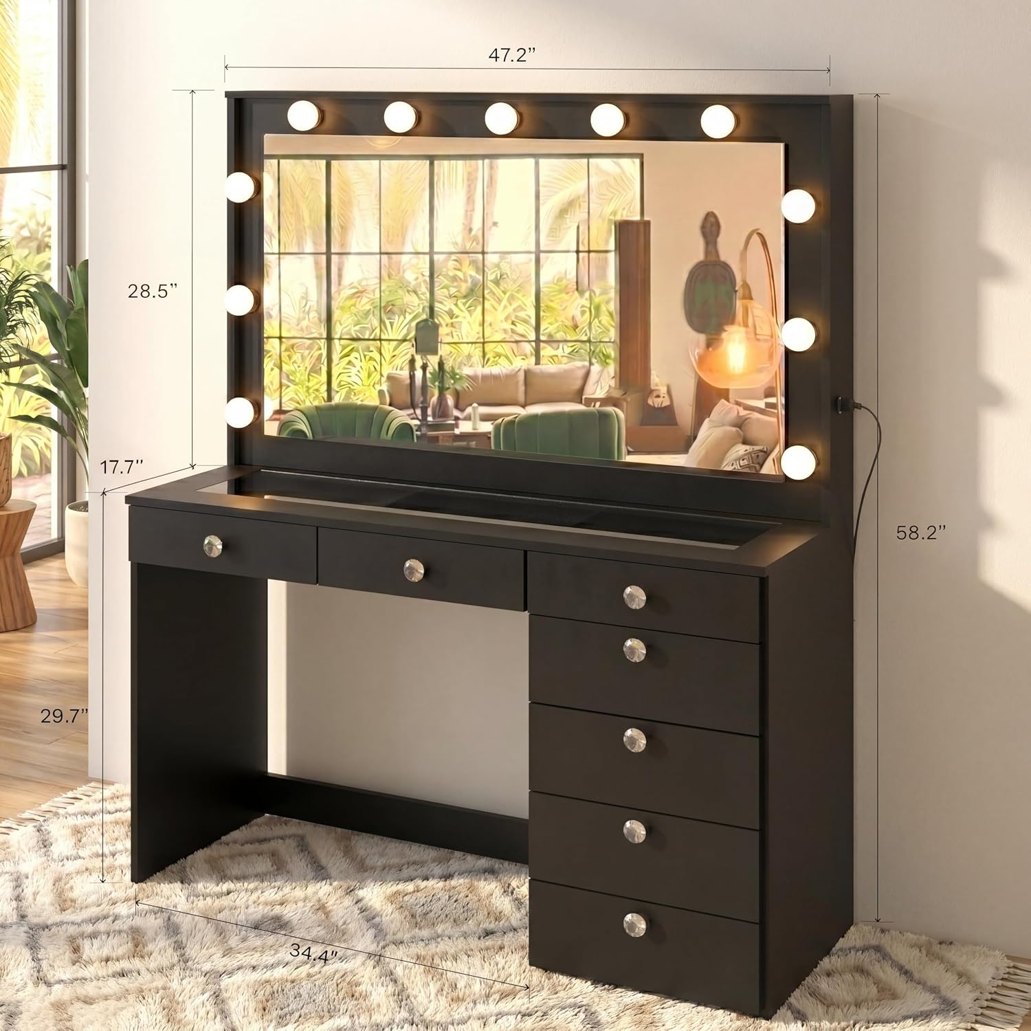Boahaus Luna Vanity Desk with Framed Bulb Mirror – 7 Drawer Integrated Makeup Station