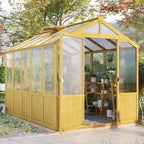 Jocisland 6x8x6.5 Ft Wooden Greenhouse, Pre-Assembled Solid Cedar Frame, Walk-in Design, Lockable Door, Adjustable Roof Vents, Polycarbonate Panels for Outdoor, Garden, Backyard