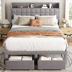 DUMOS Full Bed Frame, Upholstered Platform Bed Frame with Storage Drawers