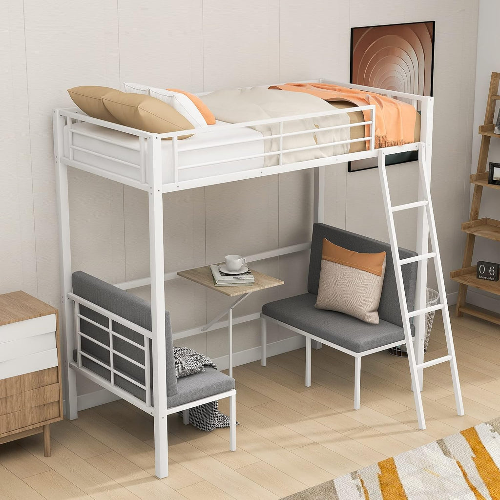 Twin Size Metal Loft Bed with Built-in Wooden Table and Upholstery Chairs Set for Kids Teens, Full Length Guardrails Inclined Ladder, Bedroom, Dorm, Space Saving (White-with Built-in Table)