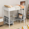 Twin Size Metal Loft Bed with Built-in Wooden Table and Upholstery Chairs Set for Kids Teens, Full Length Guardrails Inclined Ladder, Bedroom, Dorm, Space Saving (White-with Built-in Table)