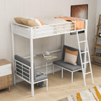 Twin Size Metal Loft Bed with Built-in Wooden Table and Upholstery Chairs Set for Kids Teens, Full Length Guardrails Inclined Ladder, Bedroom, Dorm, Space Saving (White-with Built-in Table)