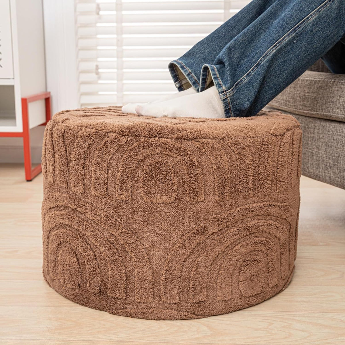 Asuprui Round Ottoman Pouf Foot Stool, Coffee 20x14 in,Sofa Couch Foot Rest | All-One Foam Pouf, Ottoman Coffee Table,Foot Rest for Chair,Remov.Cover, Perfect for Living Room Bedroom Dorm or Wedding Gift