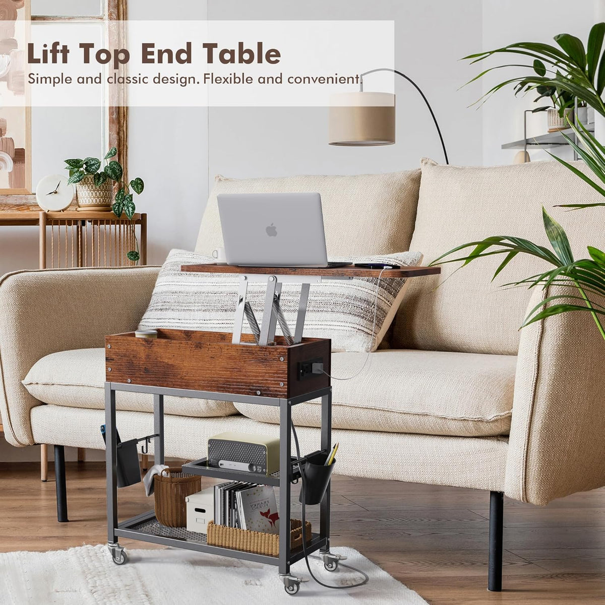 Colima Lift-Top Side Table with Charging Station - Mobile End Table with USB Ports & AC Outlets, Hidden Storage, Wheels - Rustic Wood Nightstand for Living Room, Bedroom, Office