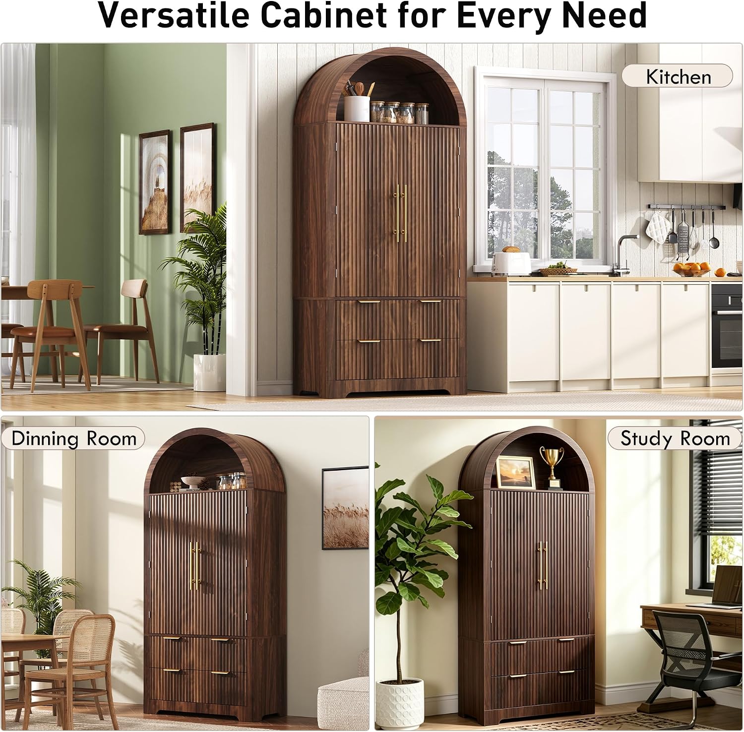 Polibi 72" Tall Arched Kitchen Pantry Cabinet with 2 Drawers & 8 Adjustable Door Shelves, Mid-Century Modern Fluted Storage Cabinet,Wooden Food Cupboard Organizer Buffet Hutch, Walnut