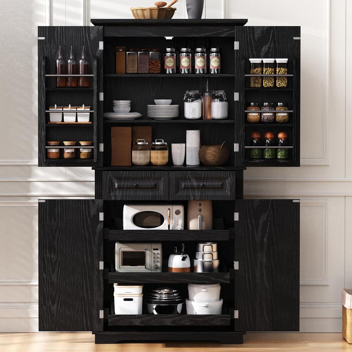 Ball & Cast 71" Farmhouse Kitchen Pantry Cabinet with 3 Pull-Out Organizers, Tall Storage Cabinet with 4 Doors, 2 Drawers, 6 Door Shelves & Adjustable Shelves, Freestanding Cupboard, Black