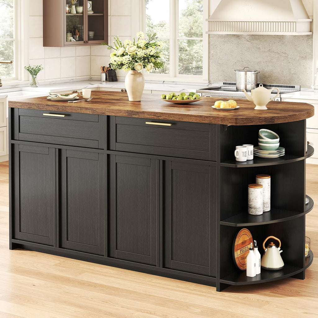 HSH 63 Inch Large Kitchen Island with Storage and Seating, Rustic Brown | Stationary Island Table with Storage Drawers, Cabinets, Oval Open Shelves, Wood Counter Prep Island for Kitchen Dining Room
