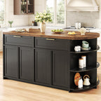 HSH 63 Inch Large Kitchen Island with Storage and Seating, Rustic Brown | Stationary Island Table with Storage Drawers, Cabinets, Oval Open Shelves, Wood Counter Prep Island for Kitchen Dining Room