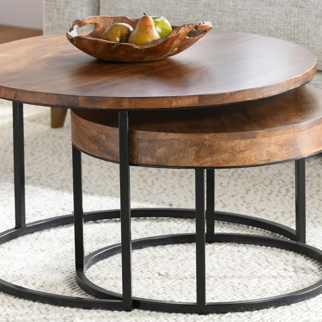 32" Natural Grain Side Coffee Table, Small Nesting Tables with Sturdy Iron Base, Nesting Table Set with Transitional Styling for Versatile Home Usage Areas, Brown+Black