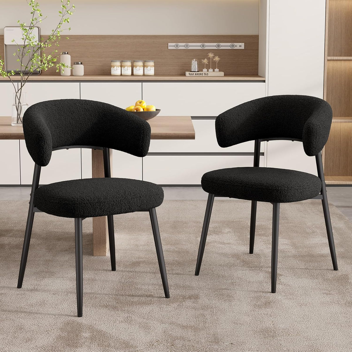 Dining Chairs Set of 4, Mid Century Modern Kitchen Chairs, Boucle Upholstered Dining Chair with Curved Backrest & Metal Legs for Kitchen Dining Room, Black