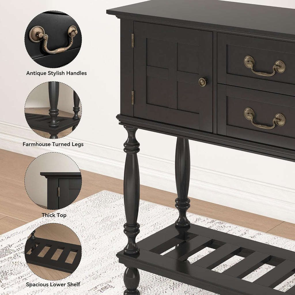 Farmhouse Console Table with Storage, Narrow Entryway Table with 2 Drawers & 2 Door Cabinets, Sofa Table Behind Couch with Shelf for Living Room, Entryway