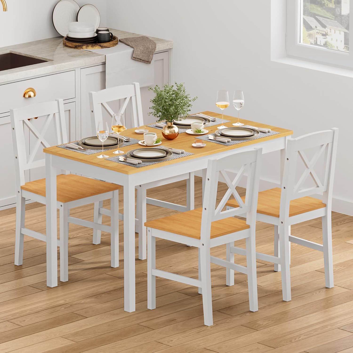 DlandHome 5 Piece Dining Table Set, Wood Kitchen Table with 4 Chairs for Dining Room, Apartment, Breakfast Nook, Solid Wood Farmhouse Dinner Table Set, Natural White