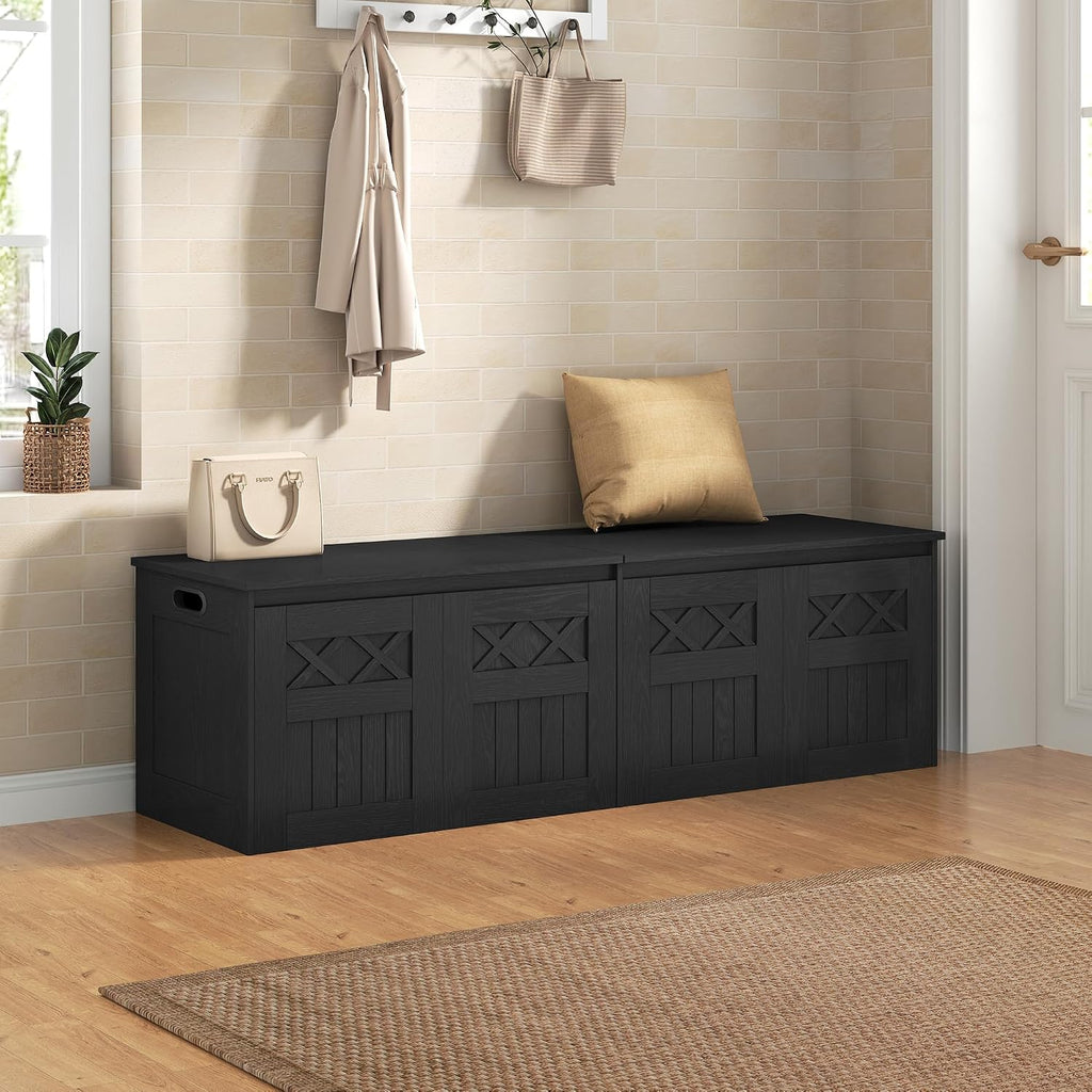Hzuaneri 59" Rustic Storage Chest and Bench | 70 Gal | 330lb Seat | Soft-Close Hinges | Rustic Black | Shoe and Blanket Storage for Bedroom, Living Room, Entryway | SB51504X