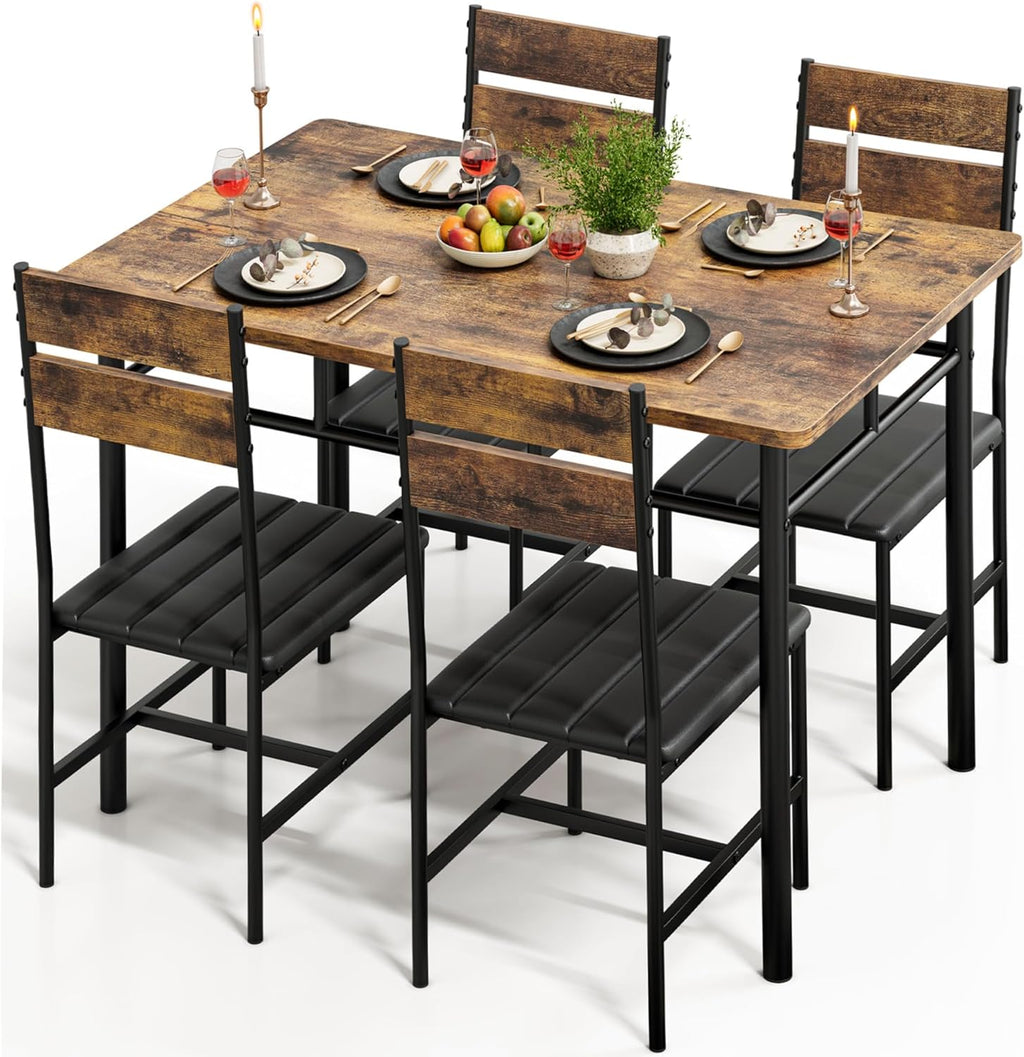 Kitchen Table Chairs Set of 4, 5-Piece Modern Dining Table Set | Kitchen Table and Chairs for Small Space with Upholstered Padded Chairs, Apartment, Rustic Brown