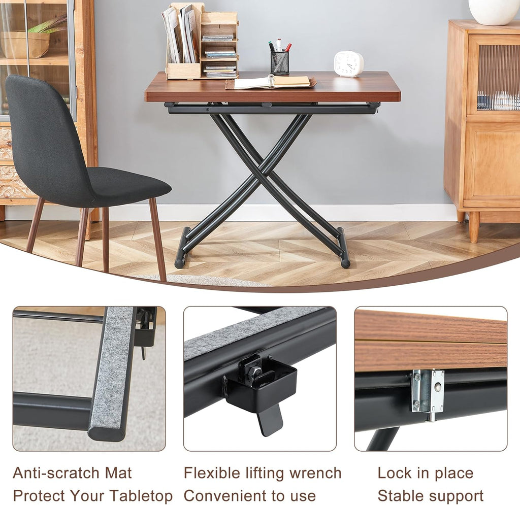 Multifunctional Height-Adjustable Folding Table - Coffee to Dining Transformer, Wooden Top & Metal Legs, Modern for Small Spaces (Kitchen/Living) (Walnut)