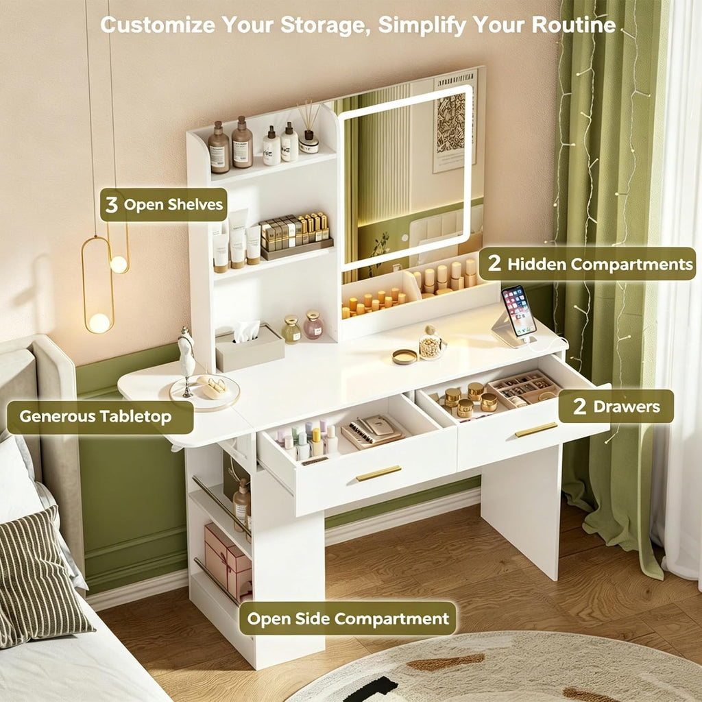ERLEJIA Vanity Desk with Mirror and Lights, 43.31" Makeup Table Without Stool, Extra Foldable Desk with 3 Open Shelves 4 Drawers Dressing Table for Girls and Ladies Bedroom, White