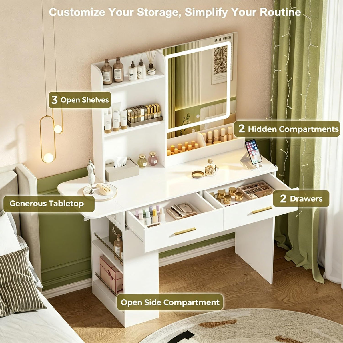 ERLEJIA Vanity Desk with Mirror and Lights, 43.31" Makeup Table Without Stool, Extra Foldable Desk with 3 Open Shelves 4 Drawers Dressing Table for Girls and Ladies Bedroom, White