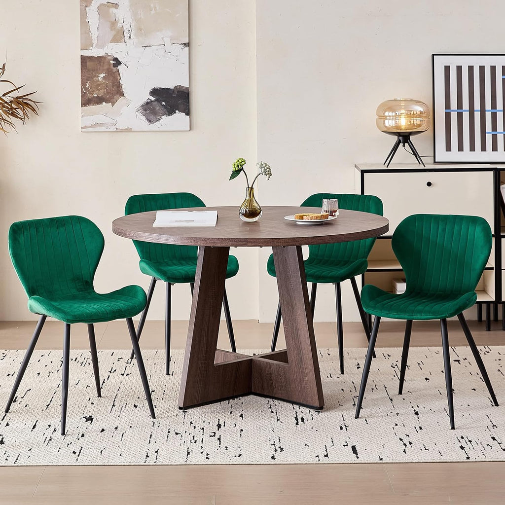 Green Velvet Dining Chairs Set of 4, Ergonomic Kitchen Chairs | Modern Upholstered Dining Chairs, Vertical Striped Enclosed Side Chair with Curved Backrest & Metal Legs for Living Room
