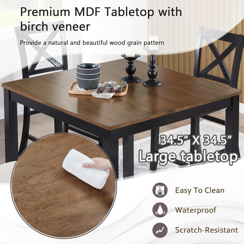 KEIKI 5-Piece Standard Height Dining Table Set with Square Table and 4 X-Shaped Backrest Upholstered Chair, for 4 Person, Modern Wooden Table Set, Easy Assembly, for Kitchen, Dining Room, Black+Oak