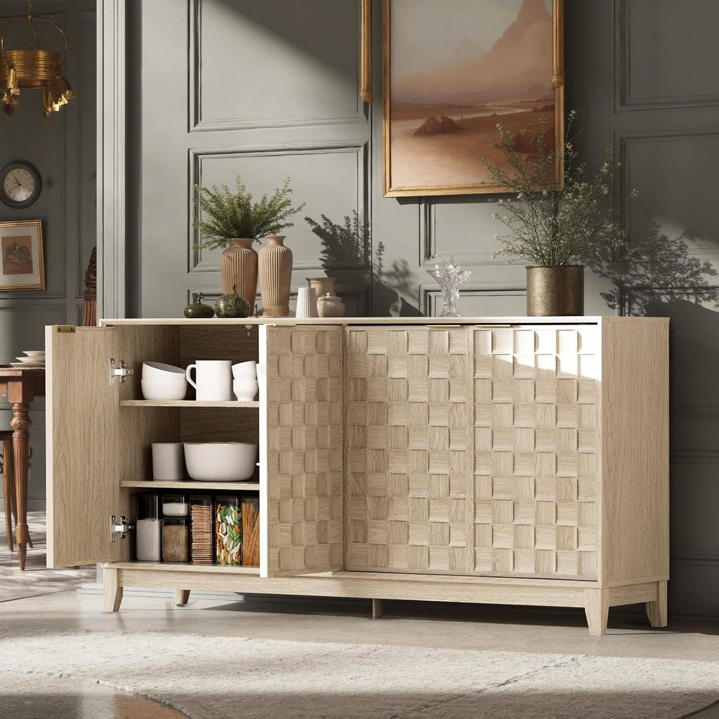 COLAMY 60" Sideboard Buffet Cabinet with Storage, Modern 4-Door Buffet Table with 3D Checkerboard Doors & Solid Wood Legs, Large Coffee Bar Cabinet for Dining Room, Living Room, Entryway,Oak Mist