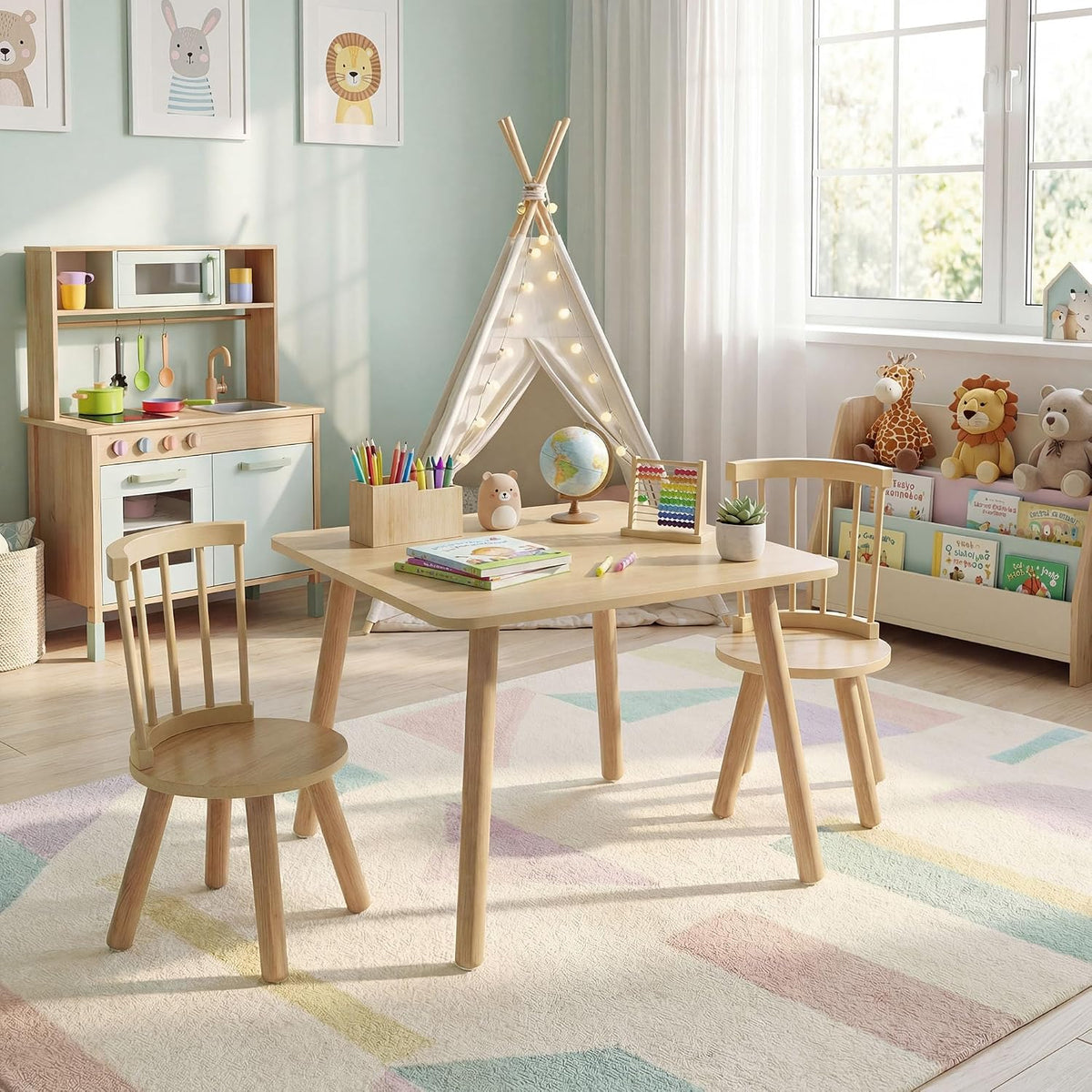 Costzon Kids Table and Chairs, 3 PCS Wooden Desk Set for Toddlers (Natural) | Pine Wood Frame, 2 Rounded Chairs, Nursery Children's Room Furniture for Arts, Crafts, Reading, Eating