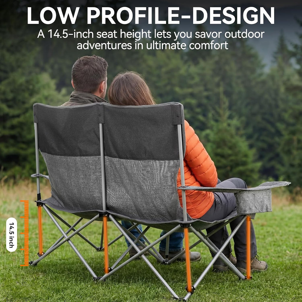 Huskfirm Low Camping Chair Lightweight Double Camping Chair Heavy Duty 2 Person Camping Chair with Cup Holders Padded High Back Camping Loveseat Supports 500 LBS-Grey