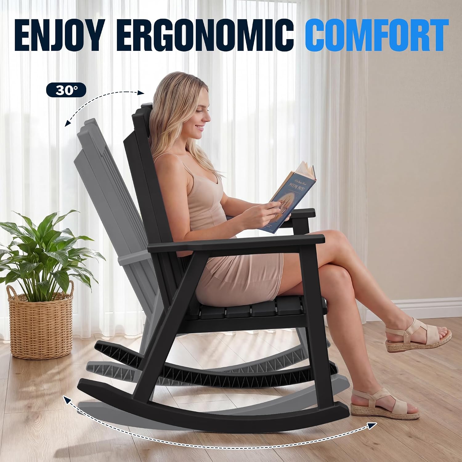 Devoko PP Material Rocking Chair Outdoor Indoor All Weather High Back Patio Rocker for Adult Heavy Duty Rocking Chair for Patio Backyard Porch Garden (Heavy Duty, Black)