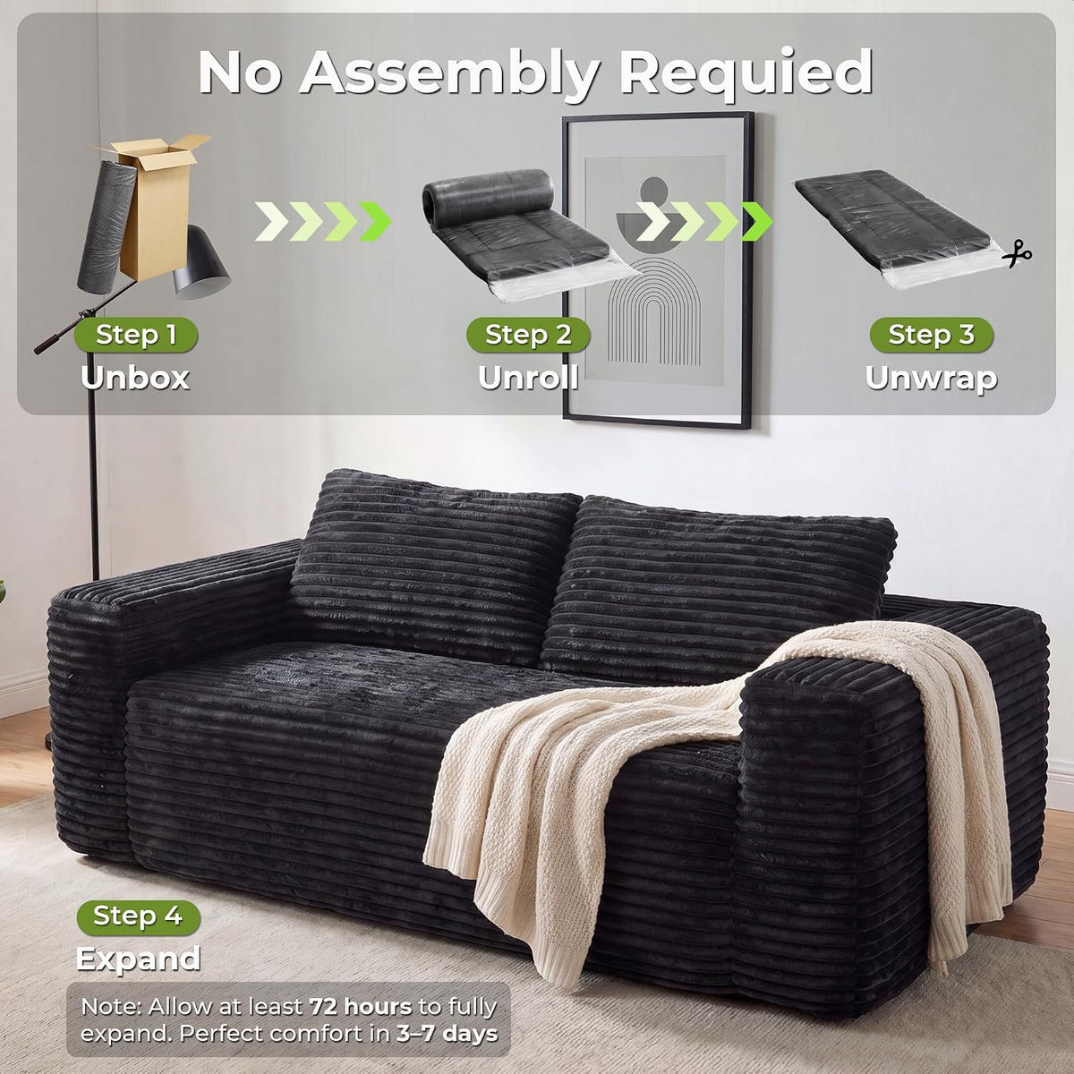 LIKIMIO Liorin Plush 71" Floor Loveseat Sofa Black Corduroy No Assembly | 2 Seater | High-Density Foam | 25.6" Deep Seat | 17.3" High Seat | Sofa in a Box | Ideal for Apartment/Living room