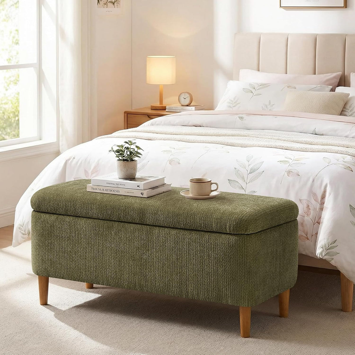 39.4”Ottoman with Storage,Upholstered Comfy Storage Bench Ottoman with Wooden Legs,End of Bed Bench Footstool for Hallway Entryway Bedroom Living Room Green