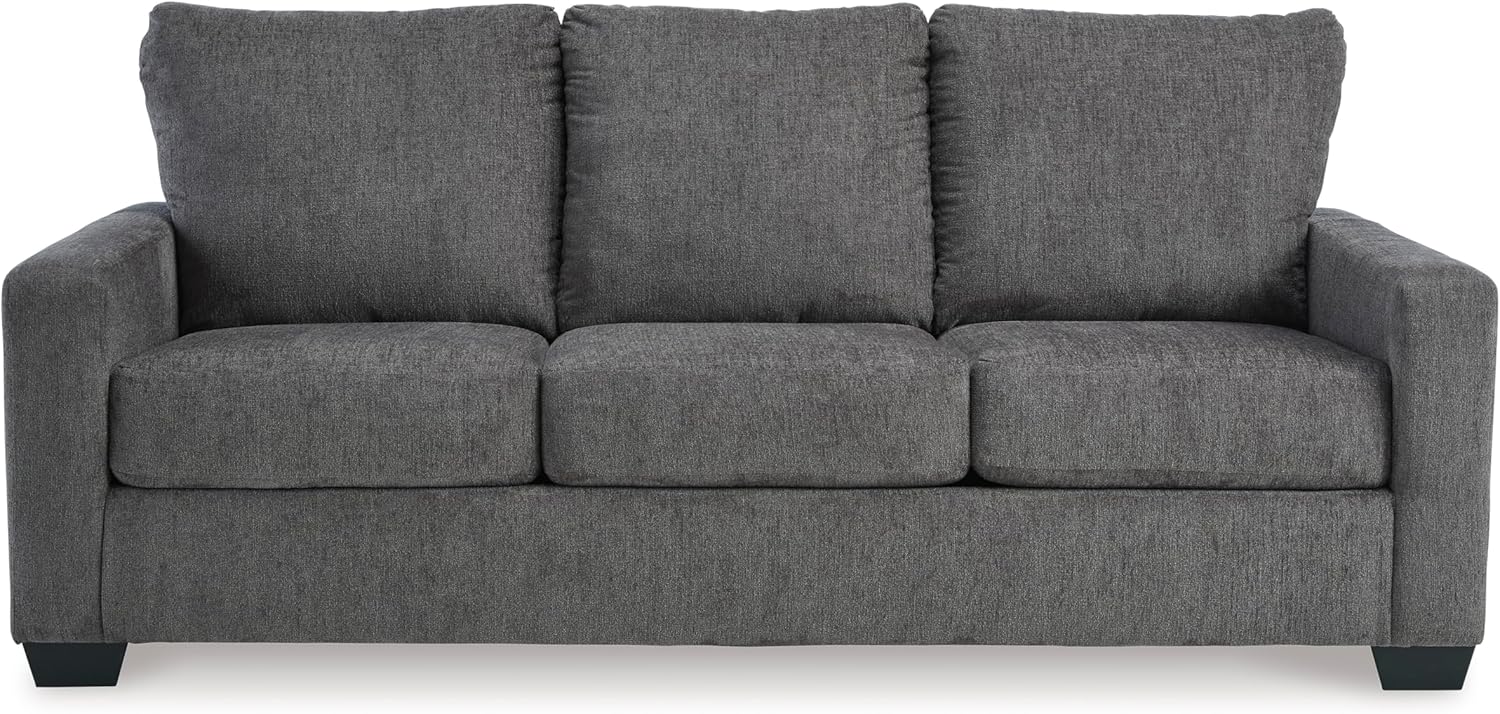 Signature Design by Ashley Rannis Queen Sleeper Sofa, Pewter Pull Out Couch | Pewter gray polyester chenille, Includes 4 in queen memory foam mattress, Space-saving 3-seater profile for living rooms