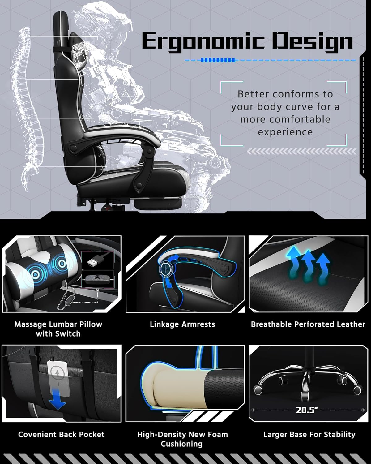 Yaheetech Gaming Chair with Footrest Massage Lumbar Pillow Black and White | Foam-padded PU leather racing seat and plush headrest recline with a slide-out footrest; metal frame supports up to 300 lb.