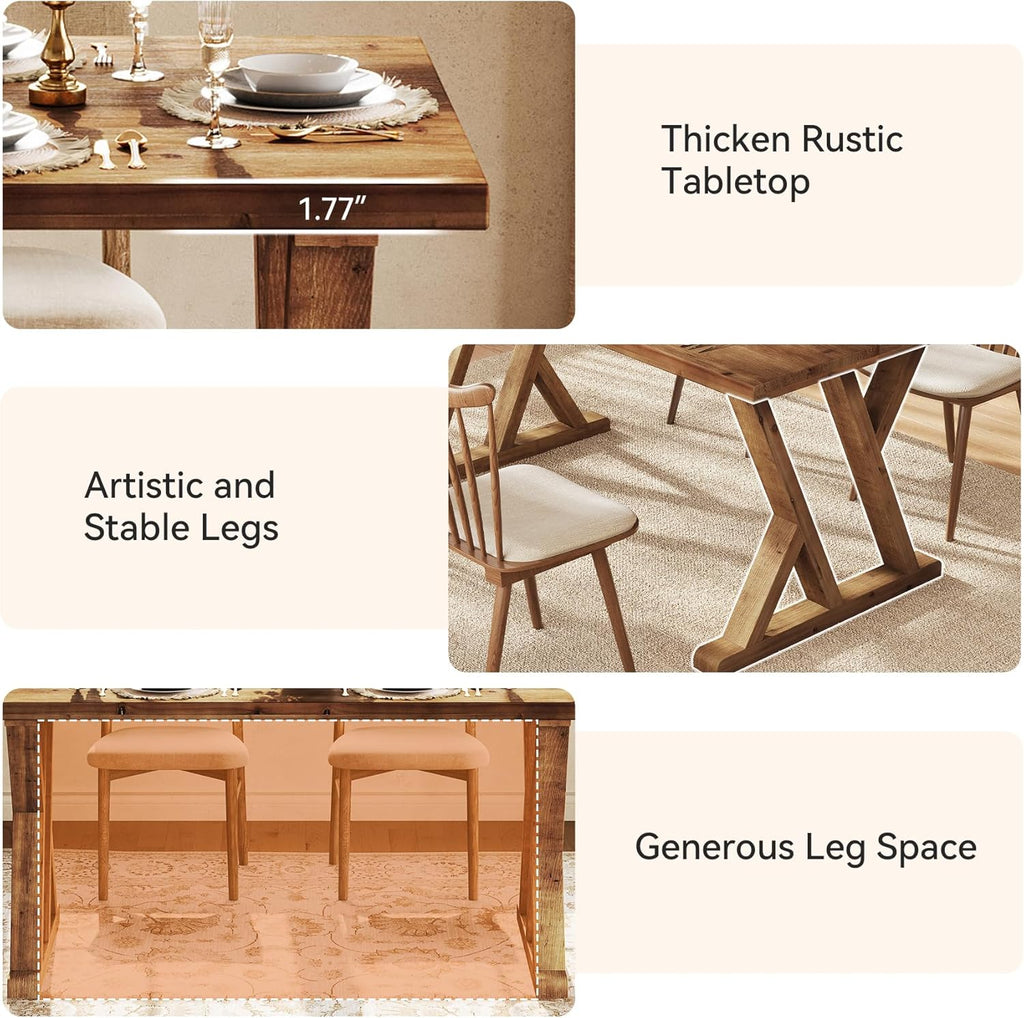 Solid Wood Dining Table for 4-6 People, 63 Inches Wooden Farmhouse Rectangular Kitchen Dinner Table with Heavy-Duty Legs for Home, Living Room, Dining Room, Rustic Brown