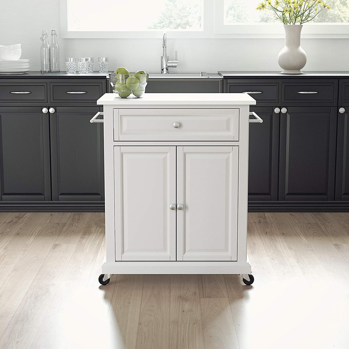 Crosley Furniture Compact Stone Top Small Rolling Cart with Shelves, Microwave Stand with Towel Rack, White