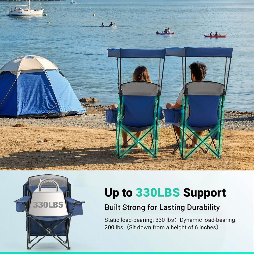 Overmont 2 Pack Camping Chair with Canopy, Oversized 330lbs Heavy Duty Folding Beach Chair with 3L Cooler Bag, High Back Support & 2.5" Padded Headrest for Sports, Fishing, Pool