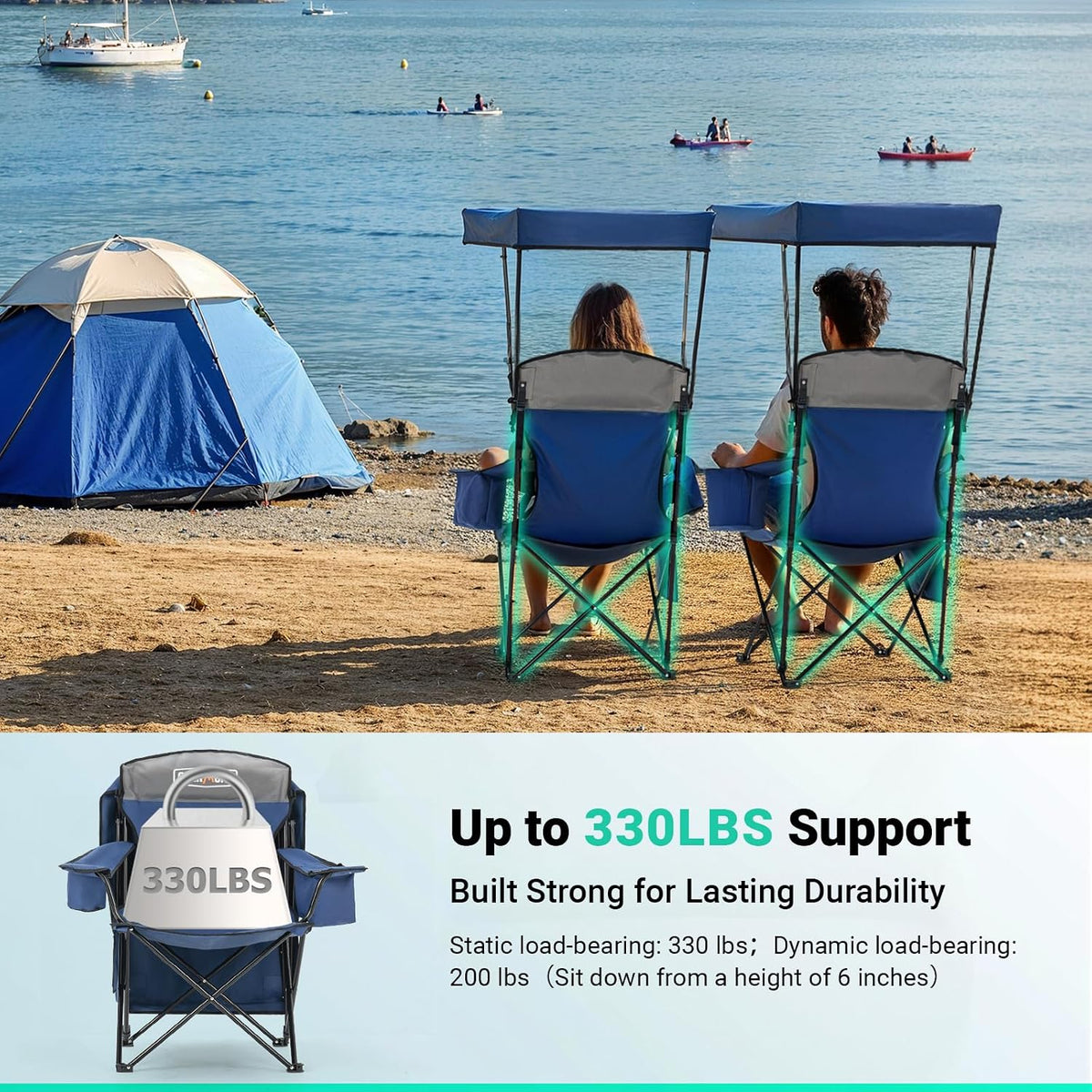 Overmont 2 Pack Camping Chair with Canopy, Oversized 330lbs Heavy Duty Folding Beach Chair with 3L Cooler Bag, High Back Support & 2.5" Padded Headrest for Sports, Fishing, Pool